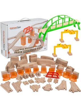 Multi-Level 110-Piece Wooden Train Track Expansion Pack with Stackable Risers